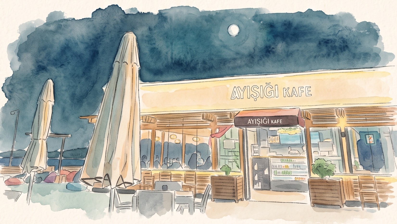 A KETSU-style illustration of the cafe, taken in front of the Ayisigi Cafe in Ordu Province
